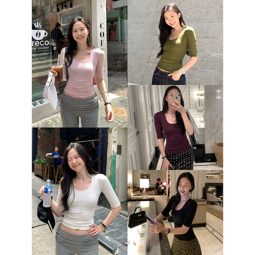 daydayicy曲线主义天丝u领果冻七分袖T恤女夏季新款舒适中袖上衣