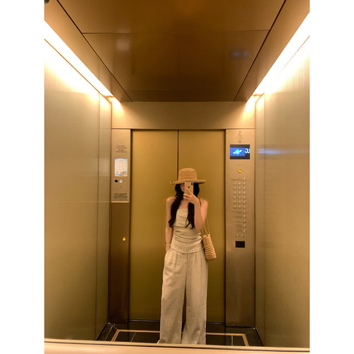 daydayicy老钱天然苎麻天丝显瘦抹胸上衣女两件套装女休闲阔腿裤