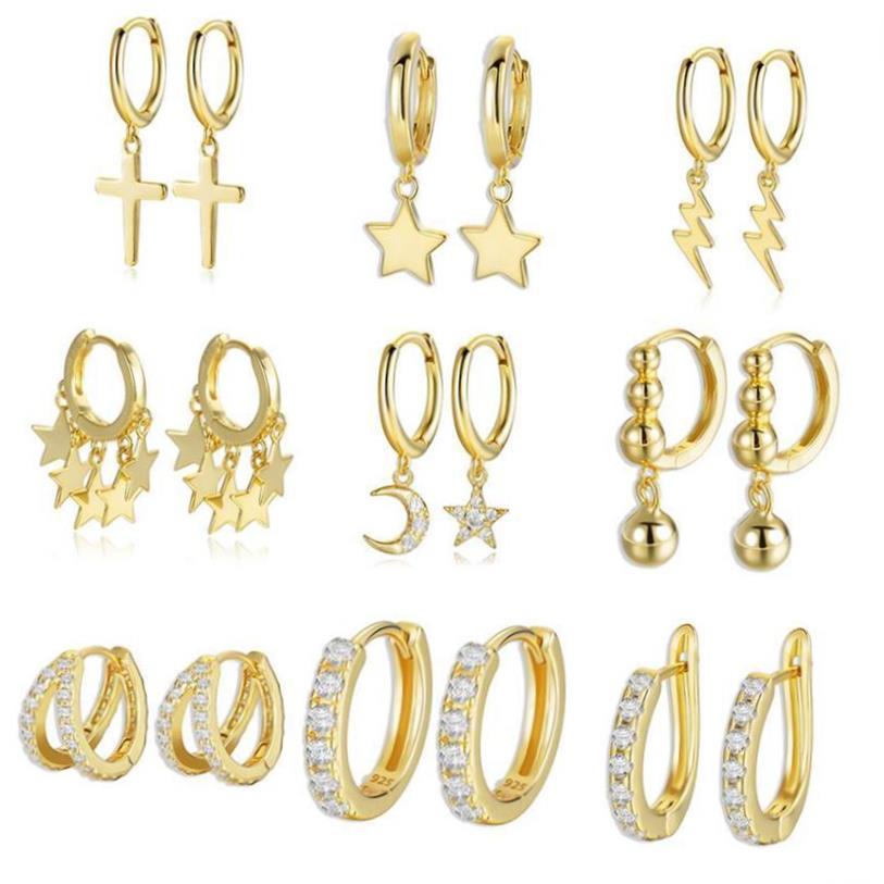 925 Sterling Silver Earrings Gold Color cross Moon Star CZ Z
