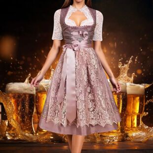 Bavarian Oktoberfest Dirndl Dress Women Floral Print Lace Up