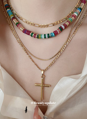 18k真金电镀十字架链条串珠多层项链跨境锁骨链轻奢高级感颈链女