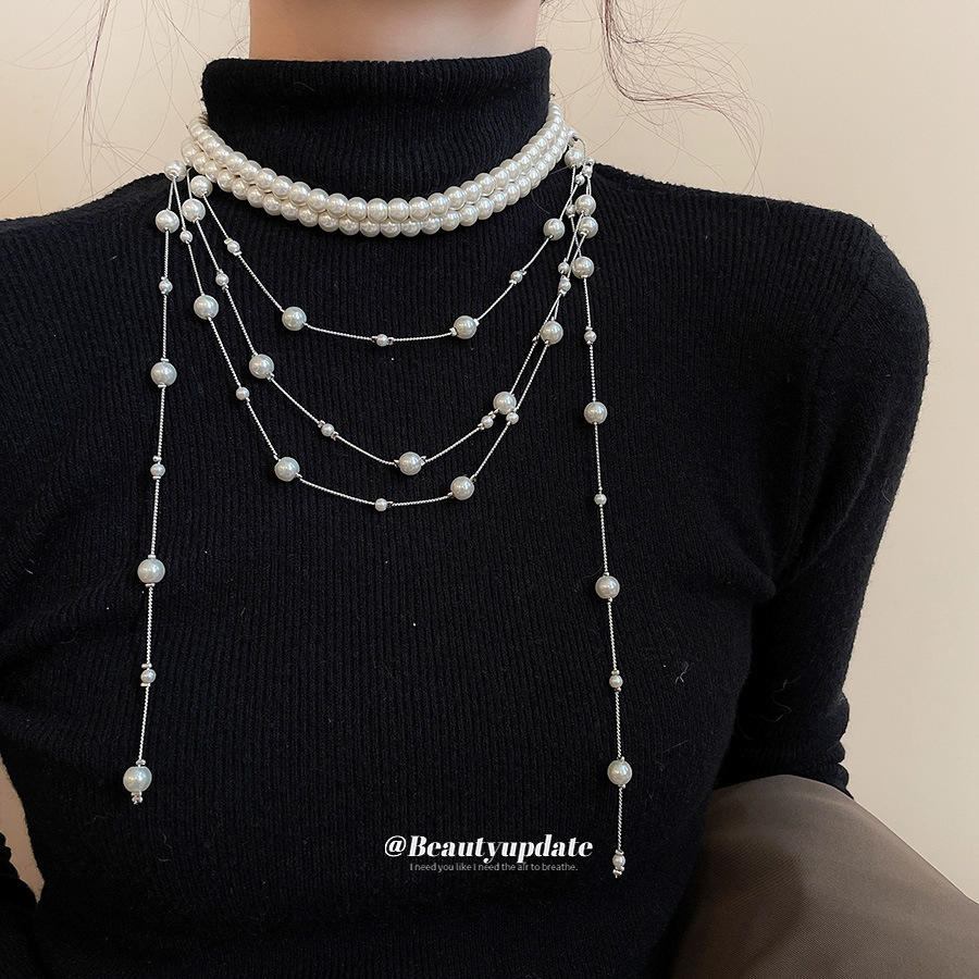 法式复古多层流苏珍珠项链优雅气质百搭小众毛衣链轻奢感颈链