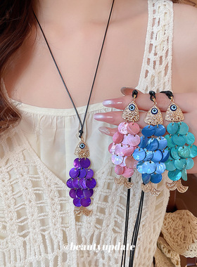 三角形眼睛圆形贝壳吊坠项链小清新度假风锁骨链小众设计感项饰女