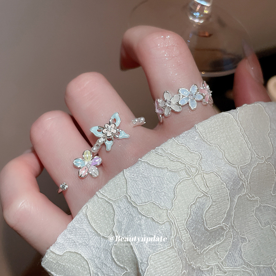 锆石滴油花朵珍珠开口戒指甜美ins小众设计食指戒轻奢高级感手饰