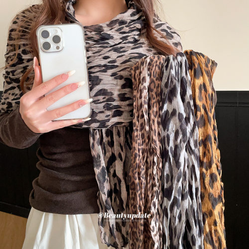 美式复古辣妹风棉麻豹纹丝巾慵懒气质披肩围巾小众设计感个性配饰