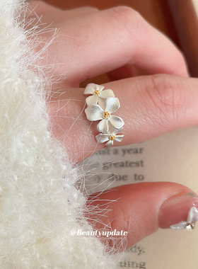 韩系ins素银花朵开口戒指甜美优雅轻奢气质食指戒日常百搭指环女