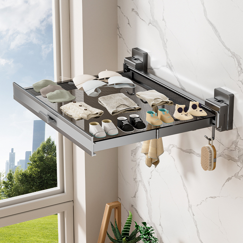 阳台窗户玻璃吸盘式伸缩折叠晾衣架隐形晾晒网卫生间墙上晾衣神器