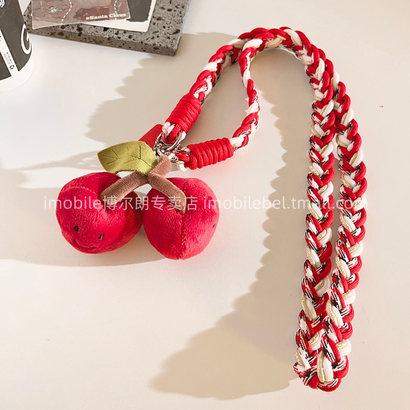 酒红毛绒大樱桃挂件手机壳编织尼龙结实耐用多功能斜跨挂绳户外便携侧肩背带防丢ccd便携挂脖趣味ins可爱女款