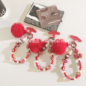 毛绒吊坠挂件手机壳手工串珠手链短款 腕带手环DIY手机配饰汽车钥匙扣耳机套新年2025喜庆女款 便携防丢挂链973