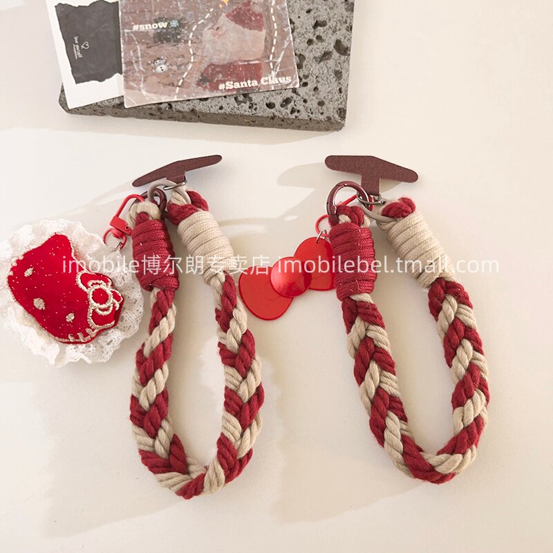 超萌可爱动漫卡通红色花边KT猫挂件手机壳挂坠尼龙线材编织短款挂绳通用ccd相机汽车钥匙扣耳机套便携手腕式