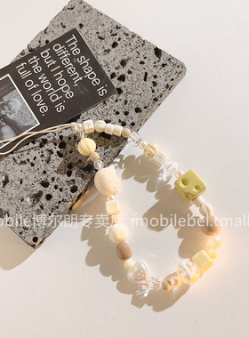 洋气ina方块奶酪手机壳挂链小清新浅色百搭串珠手机链DIY手工精致珠珠配饰品多功能拍立得挂绳钥匙扣相机挂坠