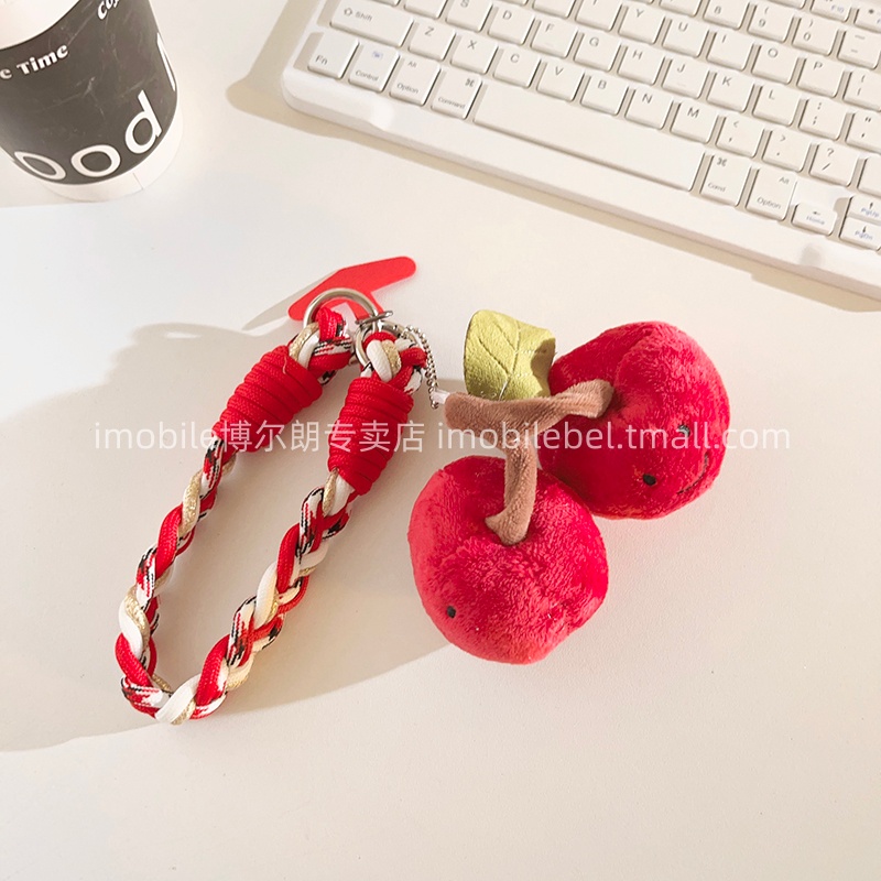 个性可爱酒红毛绒大樱桃手机壳挂件多功能尼龙编织结实耐用短款挂绳学生包包装饰钥匙扣ccd便携腕带手环防丢