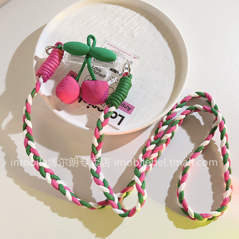 小清新绿叶玫红樱桃手机壳背夹固定长款编织带挂脖长绳外出适用背带挂脖挂肩挂绳耐用结实麻花辫长款背带链条