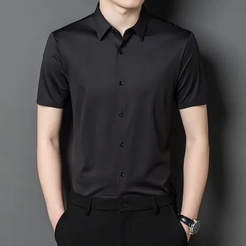 衬衣免烫四面弹锦氨男白衬衫休闲激光切割无痕新款衬衫弹弹短袖