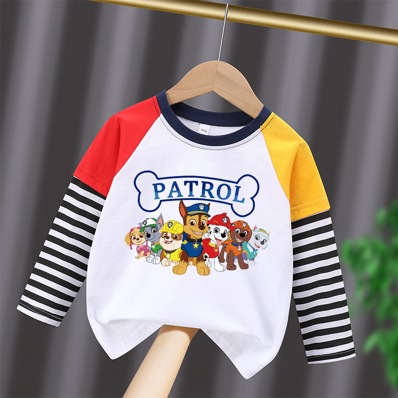 汪汪队卡通童装假两件男童长袖T恤春季薄款打底衫儿童纯棉上衣服t