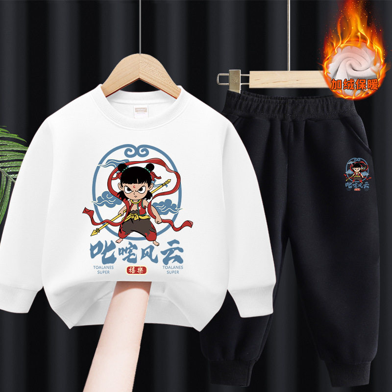 哪吒闹海衣服男童加绒卫衣套装2026新款卡通冬季女儿童保暖两件套