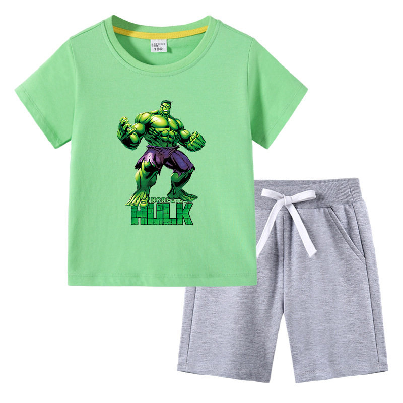 漫威英雄绿巨人男童套装夏季男孩薄款纯棉运动服儿童短袖T恤夏装