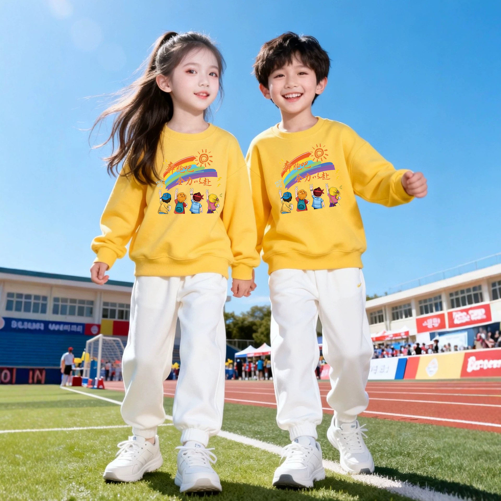 奔跑吧全力以赴儿童小学生活动演出服秋冬款男女童卫衣套装运动装