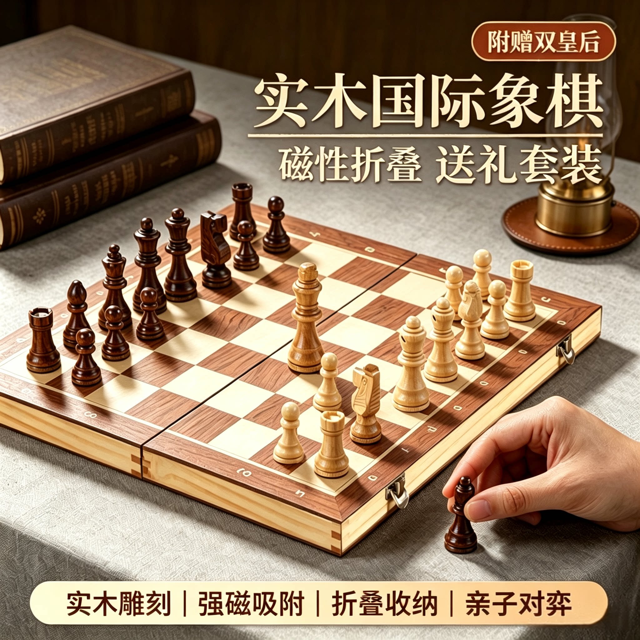 国际磁性象棋实木折叠盘送双皇后西洋chess儿童学生培训比赛专用