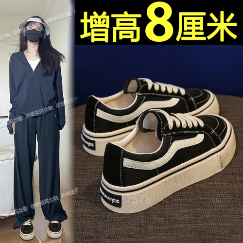 帆布鞋女2026新款厚底松糕黑色