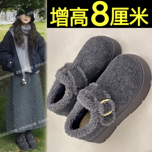 灰色厚底加绒全包勃肯鞋女2025新款冬季内增高加厚保暖雪地靴棉鞋