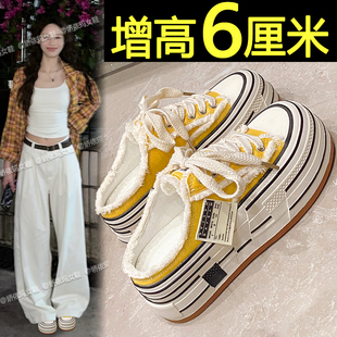 厚底帆布鞋女款2026新款夏季透气一脚蹬休闲板鞋内增高包头半拖鞋