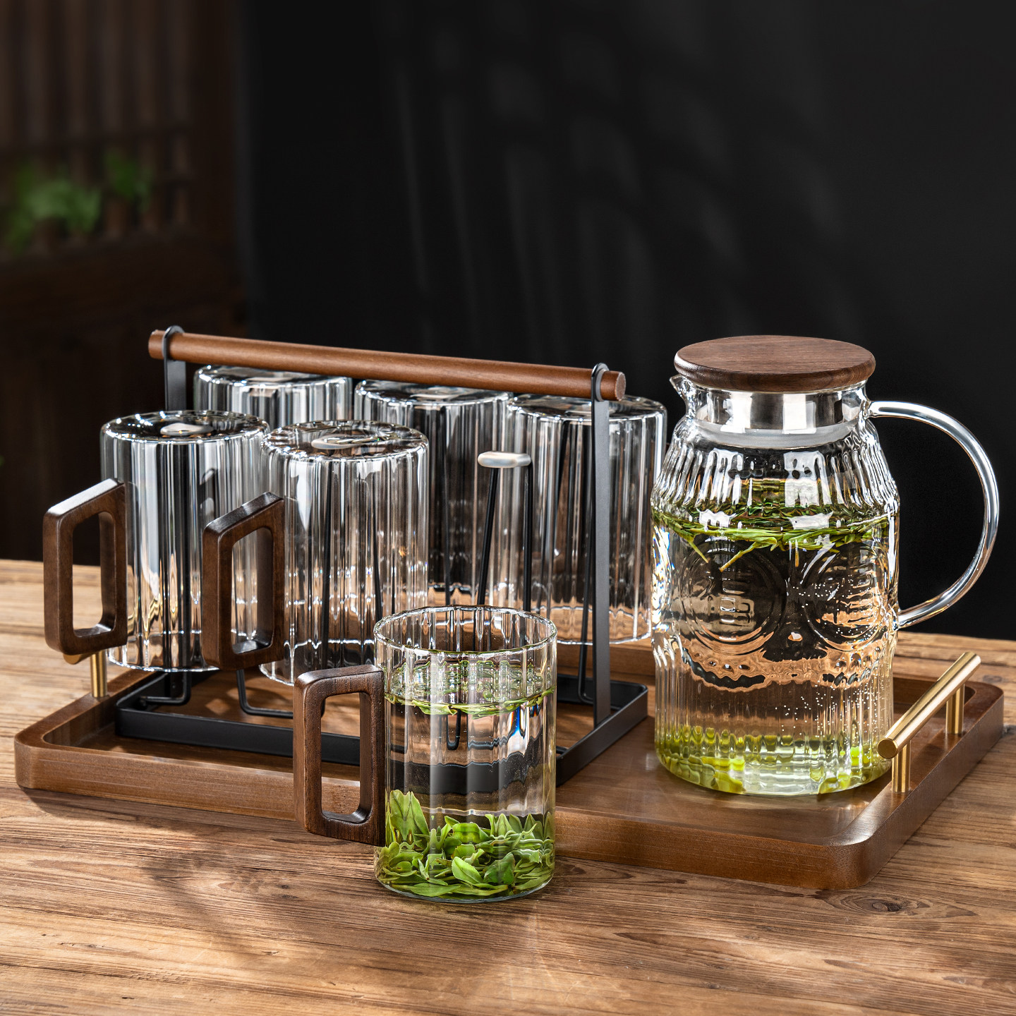 绿茶玻璃杯套装6祇家用轻奢高颜值客厅茶具待客喝水杯子带把茶杯