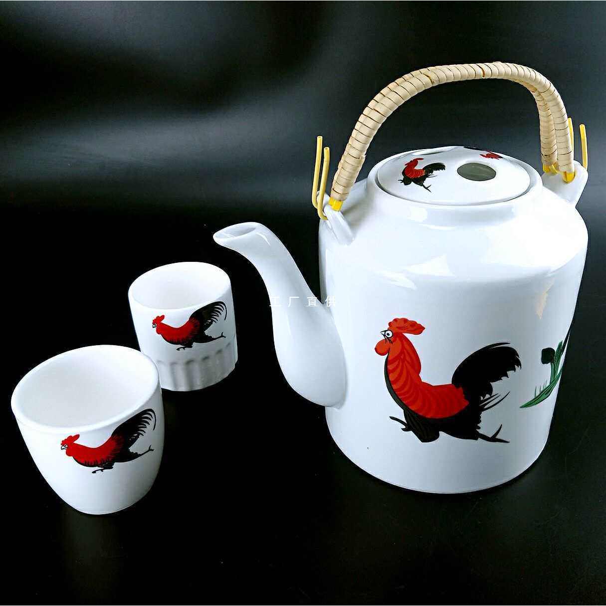 怀旧复古陶瓷公鸡茶壶桥梁壶凉水壶大容量茶圣提梁壶酒店餐厅