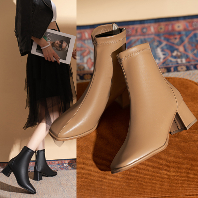 清仓瘦瘦靴女新款显瘦马丁靴秋冬方头短靴子小个子洋气粗高跟短靴