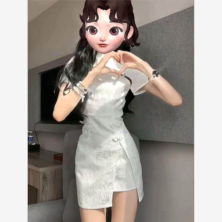 浮雕刺绣印花收腰开衩改良旗袍连衣裙女复古国风盘扣设计感包臀裙