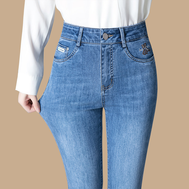 牛仔裤女拉链腰裤子高腰弹力大码女裤新款中年妈妈直筒裤宽松显瘦