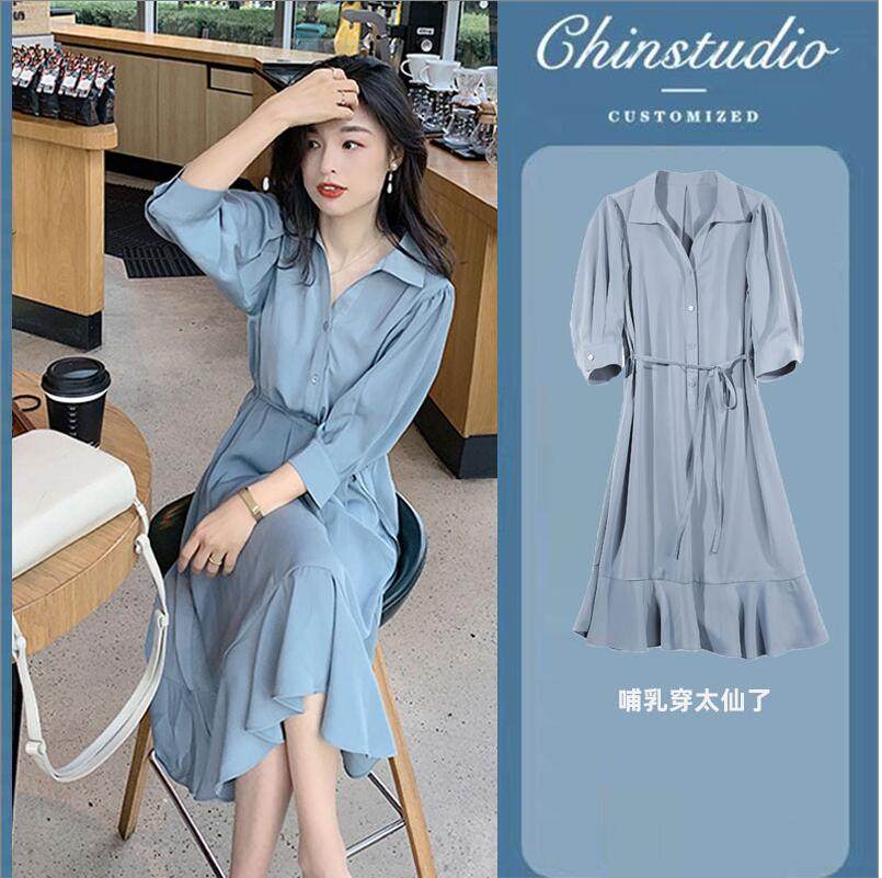 哺乳连衣裙秋夏辣妈收腰显瘦喂奶潮服外出衣时尚产后雪纺哺乳裙