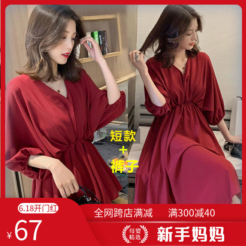 哺乳装外出时尚夏季宽松雪纺连衣裙潮辣妈款产后两件喂奶上衣套装