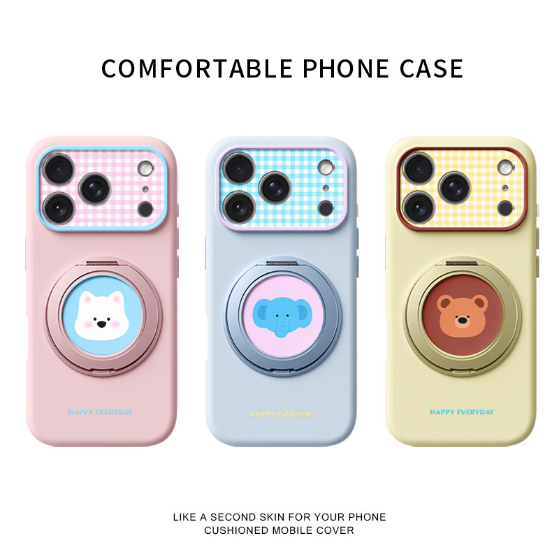 撞色格纹小动物适用苹果17promax手机壳新款iphone16pro镜头全包15液态硅胶软壳防摔保护套360°旋转支点壳女