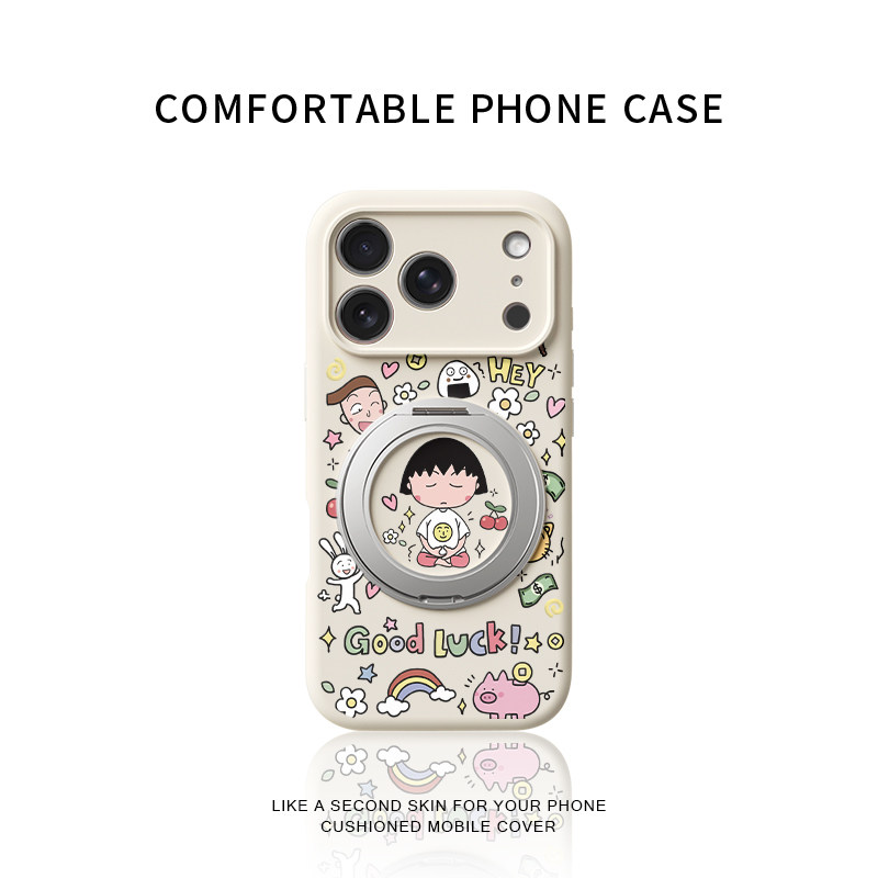 冥想樱桃小丸子适用苹果17promax手机壳新款iphone16pro镜头全包15液态硅胶软壳防摔保护套360°旋转支点壳女