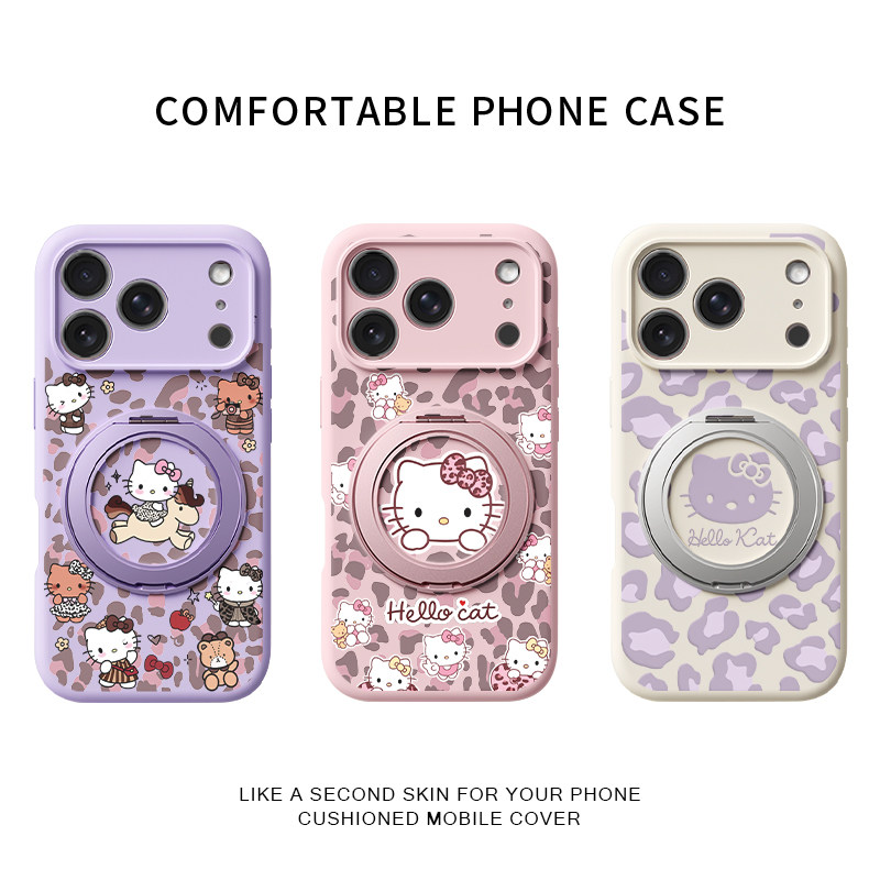 甜酷豹纹kt猫适用苹果17promax手机壳新款iphone16pro镜头全包15液态硅胶软壳防摔保护套360°旋转支点壳女14