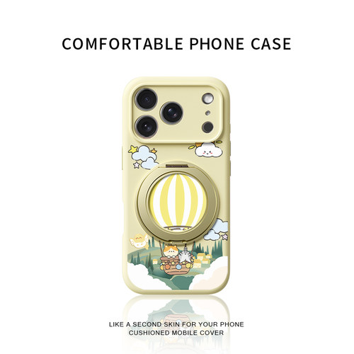 热气球小猫适用苹果17promax手机壳新款iphone16pro镜头全包15液态硅胶软壳防摔保护套360°旋转支点壳情侣女