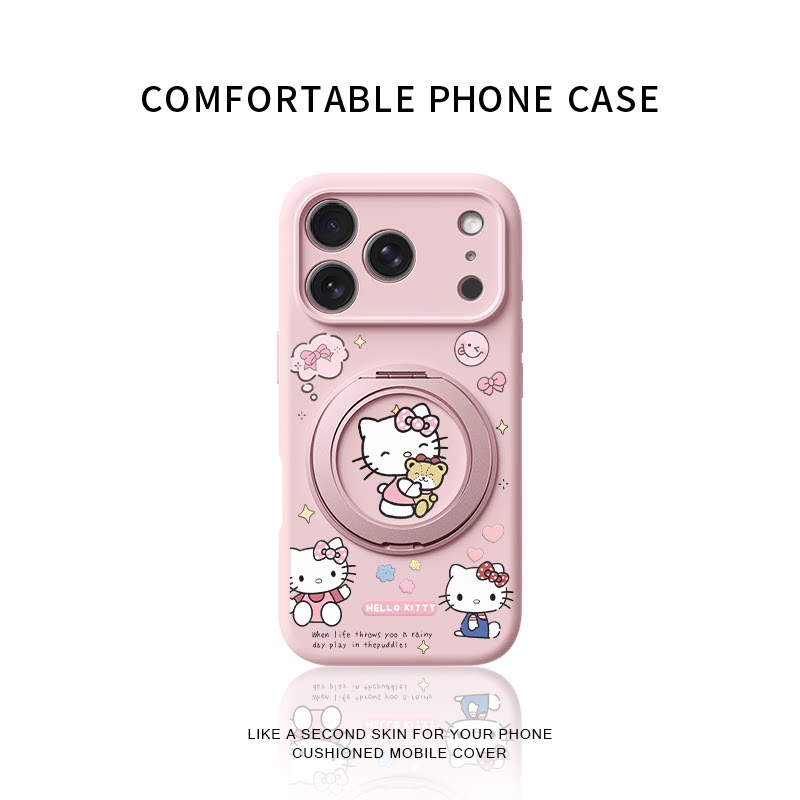Kitty小熊适用苹果17promax手机壳新款iphone16pro女款15卡通14全包防摔液态硅胶软壳360旋转磁吸支架保护套