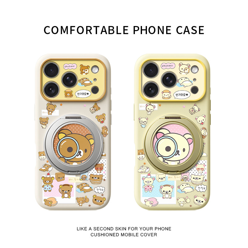 放大镜轻松熊适用苹果18promax手机壳新款iPhone17ProMax可爱女款16pro卡通15全包14液态硅胶旋转支架软壳13