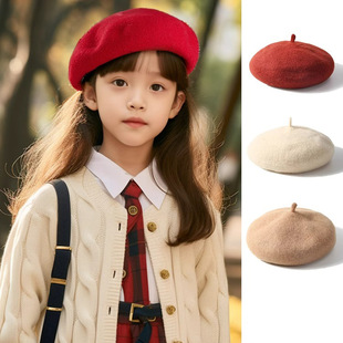 秋冬季儿童贝雷帽子女童画家帽宝宝八角帽南瓜帽红色米色保暖防风
