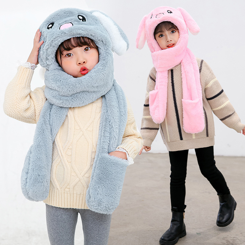 宝宝捏耳朵会动的帽子冬季骑行保暖毛绒帽儿童围巾手套一体帽防风
