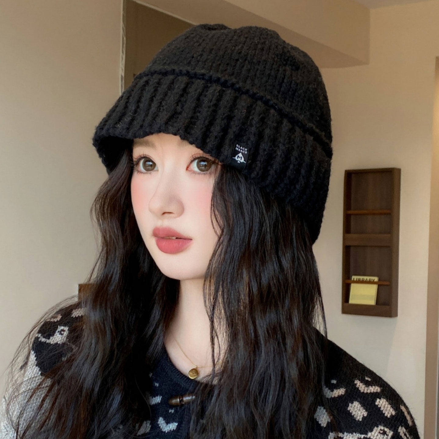 针织帽男女同款秋冬保暖黑色毛线帽显脸小大头围渔夫帽护耳套头帽