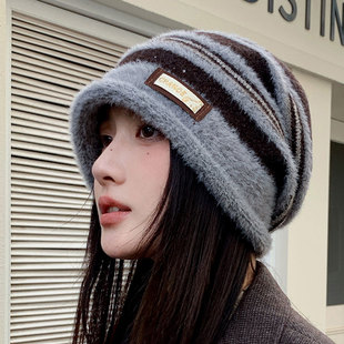 日系条纹毛绒堆堆帽女秋冬款百搭显脸小保暖护耳针织帽包头冷帽男