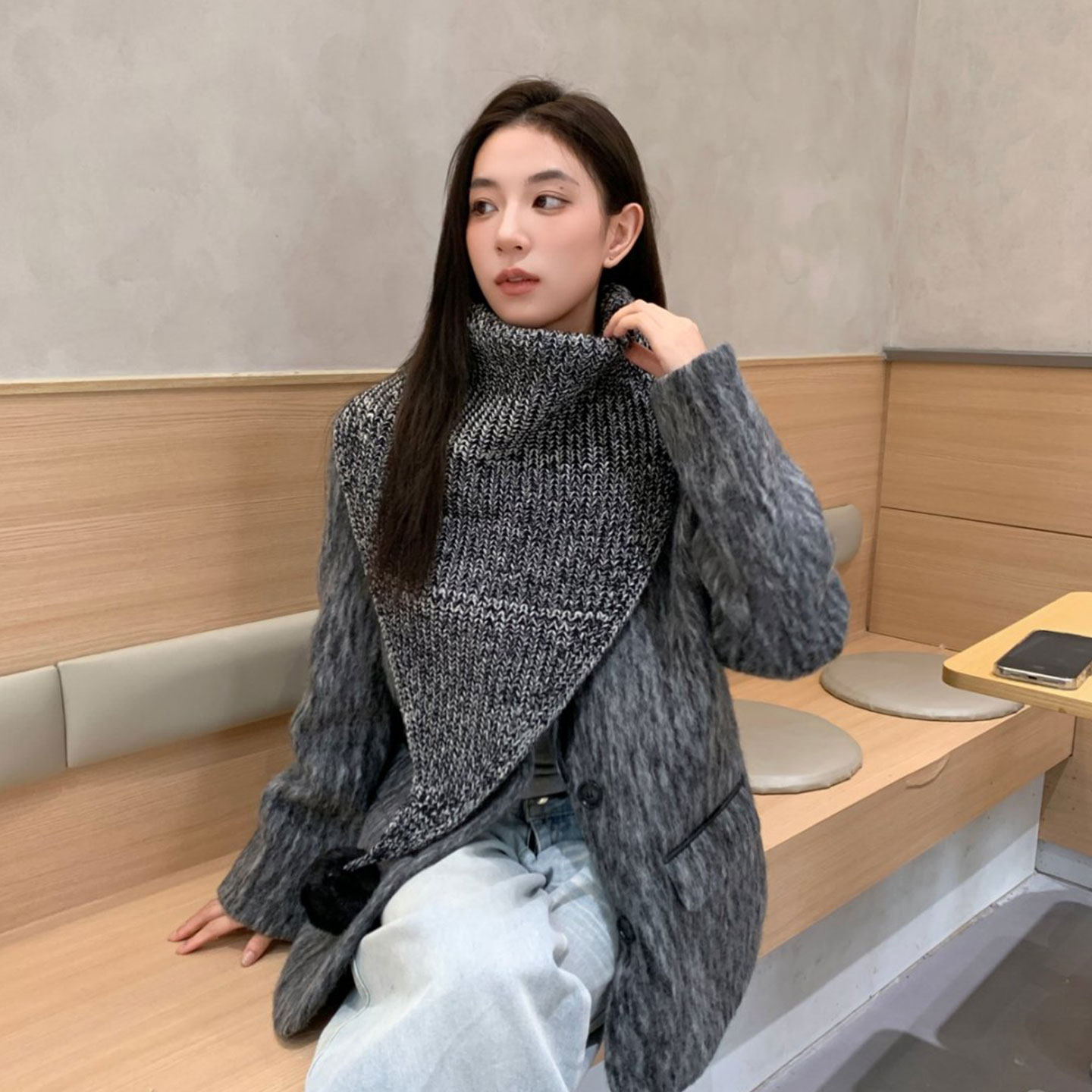 高领针织围巾女秋冬保暖毛线围脖高级感大披肩斗篷洋气护颈三角巾