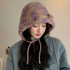 秋冬彩虹色复古针织帽女绑带帽子