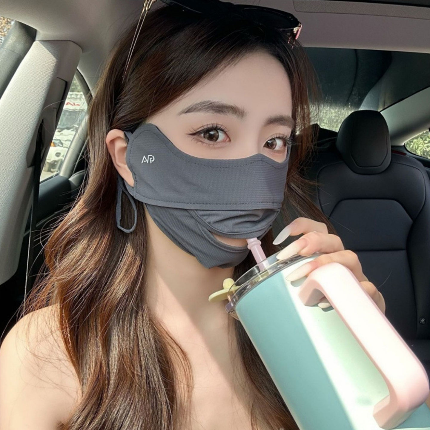 夏季冰丝透气可喝水防晒面罩女士