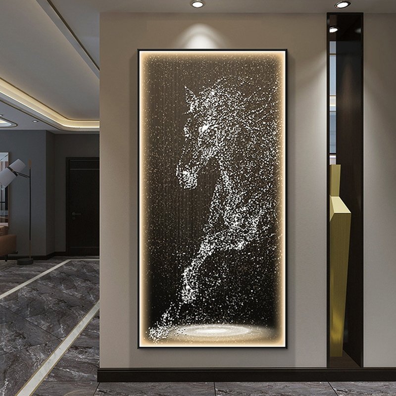 入户玄关马装饰画led发光灯画现代轻奢客厅走廊过道墙壁挂画玄幻
