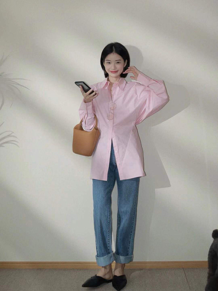 2024 SPRING AND AUTUMN NEW LIGHT PINK LONG SLEEVE SHIRT WOMENS DESIGN SENSE NICHE WAIST SLIM COMMUTING FASHIONABLE SHIRT