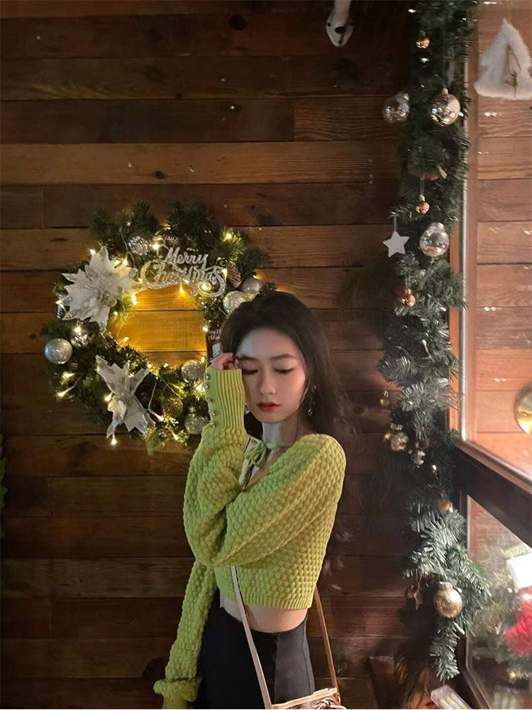 VALUE GREEN HIGH-END TEMPERAMENT LACE-UP CROPPED KNITWEAR WOMENS SLIM SLIM DRAWSTRING LONG-SLEEVED PULLOVER TOP