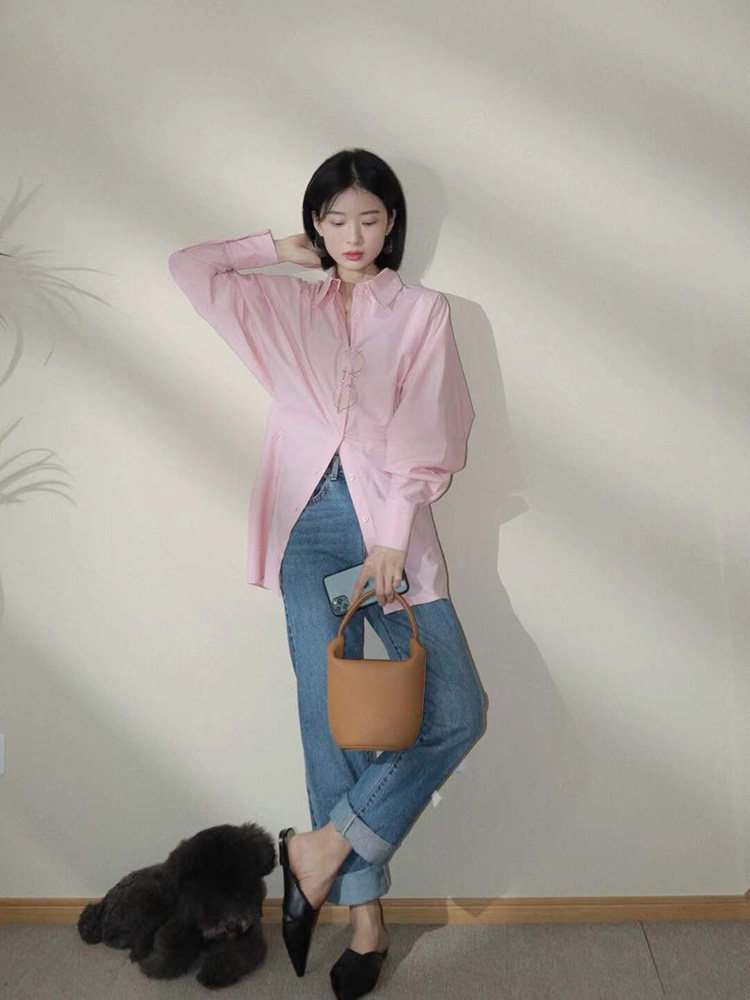 2024 SPRING AND AUTUMN NEW LIGHT PINK LONG SLEEVE SHIRT WOMENS DESIGN SENSE NICHE WAIST SLIM COMMUTING FASHIONABLE SHIRT
